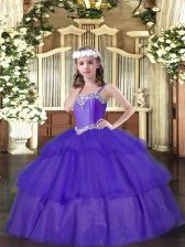 Attractive Purple Straps Neckline Beading and Ruffled Layers Little Girls Pageant Dress Wholesale Sleeveless Lace Up