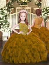  Sleeveless Floor Length Beading and Ruffles Zipper Pageant Dress for Teens with Brown