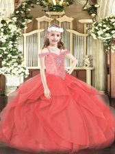  Coral Red Sleeveless Beading and Ruffles Floor Length Little Girls Pageant Dress