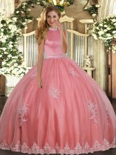  Coral Red Backless Halter Top Beading and Appliques 15th Birthday Dress Tulle Sleeveless