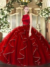 Deluxe Wine Red Organza Clasp Handle Scoop Sleeveless Floor Length Vestidos de Quinceanera Ruffles