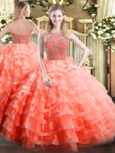  Halter Top Sleeveless Organza Quince Ball Gowns Beading and Ruffled Layers Zipper