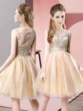  Champagne A-line Beading Dress for Prom Zipper Tulle Sleeveless Knee Length