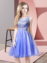 Superior Blue Sleeveless Knee Length Beading Zipper Prom Dress