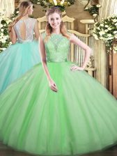  Apple Green Ball Gowns Tulle Scoop Sleeveless Lace Floor Length Backless Quinceanera Dresses