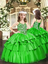  Sleeveless Organza Floor Length Lace Up Pageant Gowns For Girls in Green with Beading and Ruffled Layers