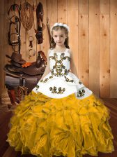 Fancy Gold Sleeveless Embroidery and Ruffles Floor Length Pageant Gowns For Girls