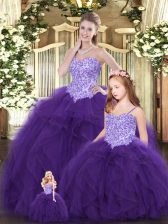  Sweetheart Sleeveless Tulle Quince Ball Gowns Beading and Ruffles Lace Up