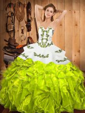 Wonderful Lace Up Strapless Embroidery and Ruffles Quinceanera Dresses Satin and Organza Sleeveless