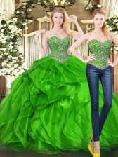 Wonderful Green Ball Gowns Tulle Sweetheart Sleeveless Beading and Ruffles Floor Length Lace Up 15 Quinceanera Dress