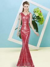 Custom Design Red Sleeveless Sequins Floor Length Prom Dress