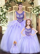  Lavender Ball Gowns Beading and Ruching Ball Gown Prom Dress Lace Up Tulle Sleeveless Floor Length