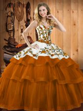 Glittering Rust Red Ball Gowns Embroidery 15th Birthday Dress Lace Up Organza Sleeveless