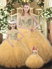  Champagne Sleeveless Beading and Ruffles Floor Length Vestidos de Quinceanera