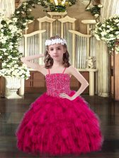 Perfect Organza Spaghetti Straps Sleeveless Lace Up Beading and Ruffles Kids Formal Wear in Fuchsia