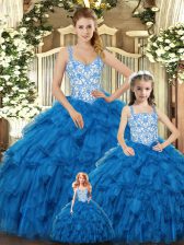  Teal Ball Gowns Beading and Ruffles Quinceanera Dress Lace Up Organza Sleeveless Floor Length