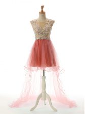 Captivating Sleeveless High Low Appliques Backless Prom Party Dress with Watermelon Red