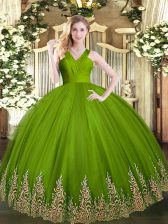Elegant Olive Green Ball Gowns V-neck Sleeveless Tulle Floor Length Zipper Appliques Ball Gown Prom Dress