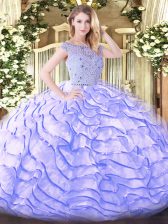 Comfortable Lavender Zipper Vestidos de Quinceanera Beading and Ruffled Layers Sleeveless Sweep Train