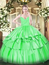  Sleeveless Taffeta Floor Length Zipper Quince Ball Gowns in Green with Ruffled Layers