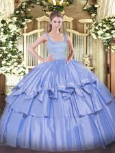 Perfect Floor Length Zipper Quince Ball Gowns Blue for Military Ball and Sweet 16 and Quinceanera with Beading and Ruffled Layers