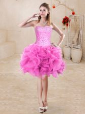 Fabulous Organza Sweetheart Sleeveless Lace Up Beading and Ruffles Prom Party Dress in Rose Pink 