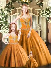 Fashionable Floor Length Lace Up Quinceanera Dresses Rust Red for Military Ball and Sweet 16 and Quinceanera with Beading