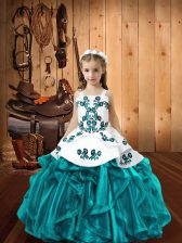  Embroidery and Ruffles Evening Gowns Teal Lace Up Sleeveless Floor Length