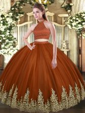 Cute Halter Top Sleeveless Tulle Quince Ball Gowns Beading and Appliques Backless