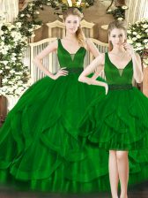 Noble Dark Green Ball Gowns Beading and Ruffles Quinceanera Gown Lace Up Tulle Sleeveless Floor Length