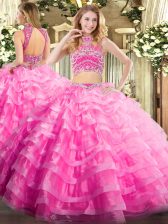 Modern Floor Length Rose Pink Quinceanera Dress High-neck Sleeveless Backless