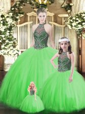  Floor Length Green Sweet 16 Dress Halter Top Sleeveless Lace Up