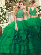 Romantic Dark Green Two Pieces Tulle High-neck Sleeveless Beading and Ruffled Layers Floor Length Zipper Quinceanera Dress