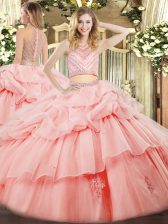  Pink High-neck Zipper Beading and Ruffles Ball Gown Prom Dress Sleeveless
