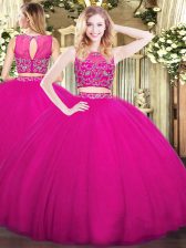 Custom Designed Fuchsia Tulle Zipper High-neck Sleeveless Floor Length Ball Gown Prom Dress Beading