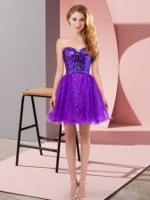 Gorgeous Purple Tulle Zipper Sweetheart Sleeveless Mini Length Sequins