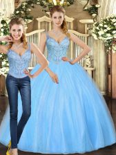 Affordable Floor Length Baby Blue Quinceanera Gown Straps Sleeveless Lace Up