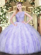 Super Sleeveless Organza Floor Length Backless Quinceanera Gown in Lavender with Beading and Ruffles