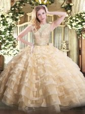  Sleeveless Backless Floor Length Lace and Ruffled Layers Quinceanera Dress
