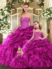  Fuchsia Ball Gowns Sweetheart Sleeveless Organza Floor Length Lace Up Beading and Ruffles Quinceanera Gowns