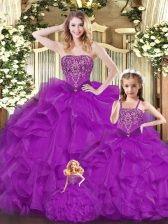 Top Selling Floor Length Lace Up Quinceanera Dresses Purple for Military Ball and Sweet 16 and Quinceanera with Beading and Ruffles