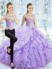 Vintage Lavender Quinceanera Gowns Organza Brush Train Sleeveless Beading and Pick Ups