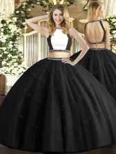  Black Ball Gowns Tulle Halter Top Sleeveless Beading Floor Length Backless Vestidos de Quinceanera