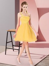  Gold Asymmetric Neckline Beading and Hand Made Flower Prom Evening Gown Sleeveless Zipper