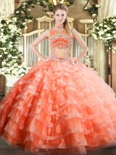  High-neck Sleeveless Backless Ball Gown Prom Dress Orange Red Tulle