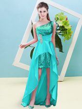  Aqua Blue Prom Dress Prom and Party with Beading and Sequins One Shoulder Sleeveless Lace Up