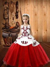  Sleeveless Organza Floor Length Lace Up High School Pageant Dress in White And Red with Embroidery