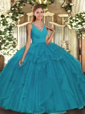  Ball Gowns Quinceanera Dresses Teal V-neck Tulle Sleeveless Floor Length Backless