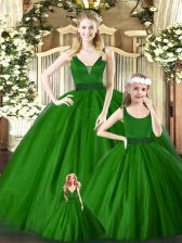 Enchanting V-neck Sleeveless Zipper Quinceanera Dresses Green Tulle