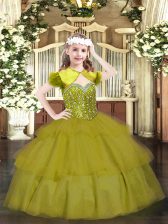 Dazzling Floor Length Olive Green Kids Formal Wear Organza Sleeveless Beading and Ruffled Layers